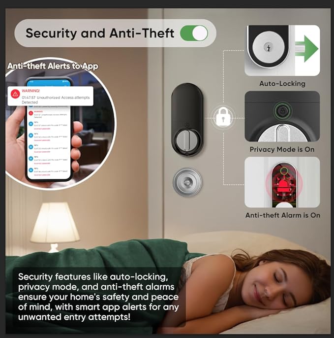 Fingerprint Smart Door Lock Keypad Deadbolt – Keyless Entry with Fingerprint, Code, FOB, App & Key, Remote Access for Home, Airbnb/Rental, Auto-Lock, Privacy Mode, Alexa/Google Compatible, DIY Install