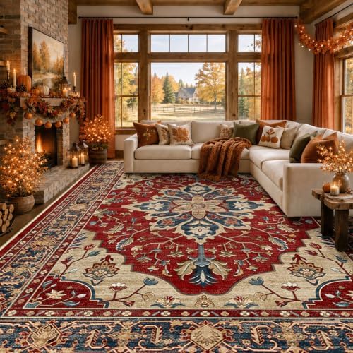 RELEANY Washable Area Rug, 8'x10', Red/Blue by RELEANY