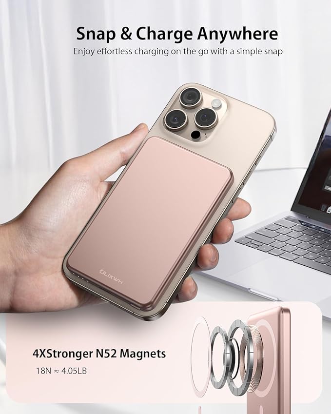 [0.3" Ultra Slim] [Alloy-Made] ULiXWH for Magsafe Portable Charger for iPhone, 2025 Upgrade 5000mAh Fast Charging Magnetic Power Bank, Wireless Battery Pack for iPhone 17 Air 16 15 Pro Max 14 13, Pink