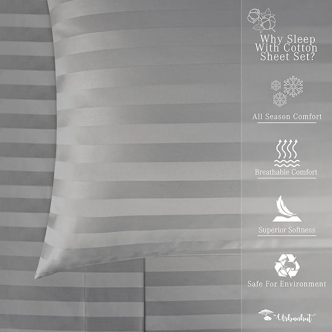 URBANHUT 800 Thread Count 100% Cotton Damask California King Size Sheets Set, 4 Piece Striped Cal King Size Bedsheets, Luxury Hotel Sheets Sateen Weave, 16" Elasticized Deep Pocket- Dark Grey