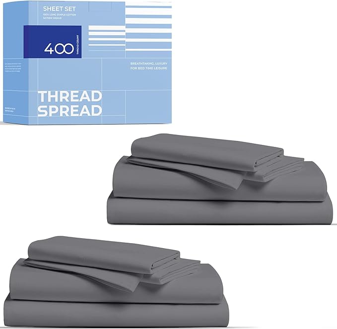 THREAD SPREAD 2-Pack King Size Sheets Set - 400 Thread Count 100% Cotton Sateen Weave - Extra Soft, Breathable, Hotel Quality Cooling Sheets, 2 Sets of King Size Deep Pocket Bed Sheets (Dark Grey)