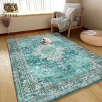 Washable Area Rug 6' x 9' Vintage Traditional Persian Mat - Foldable Distressed Non-Slip Machine Washable Carpet for Living Room Bedroom Kitchen Home Decor - Teal and Gold - Image 4