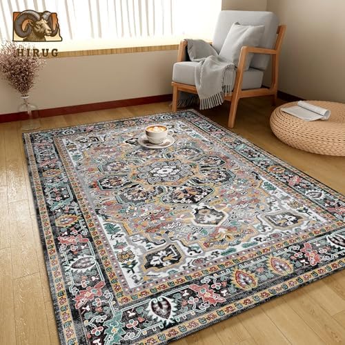 Washable Area Rug 9' x 12' Vintage Traditional Persian Mat - Foldable Distressed Non-Slip Machine Washable Carpet for Living Room Bedroom Kitchen Home Decor - Slate and Multicolor - Image 4