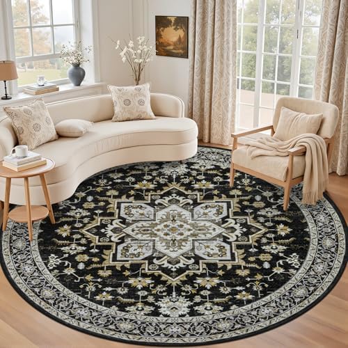 Round Area Rug for Living Room: 4ft Boho Washable Rug Black Gold by EXPEDIX
