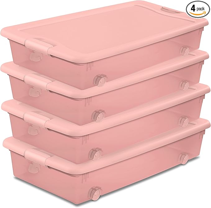 Sterilite 4 Pack Wheeled Under Bed Storage Container, 56 Qt Plastic Bin w/Latching Lid for Organization - Clothes & Shoes Organizer, Pearl Blush Tint