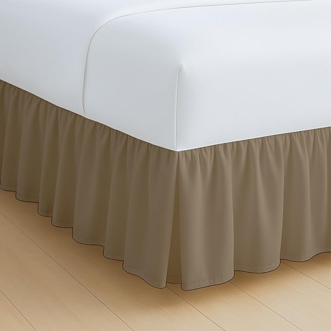 Rajlinen Ruffled Bed Skirt King, 16 Inch Drop Dust Ruffle with Split Corners, 100% Microfiber Bedskirt with Platform, Three-Sided Coverage Ruffled Gathering Design, Taupe