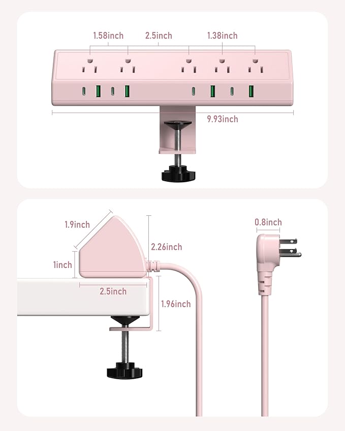 Jgstkcity Desk Clamp Power Strip,65W Fast Charging Station,4 USB-C,4 USB-A,1200J Surge Protector,ETL Listed,1875W Extension Cord,Multiple Outlets for Home, Office (Pink, 6 FT Cable)