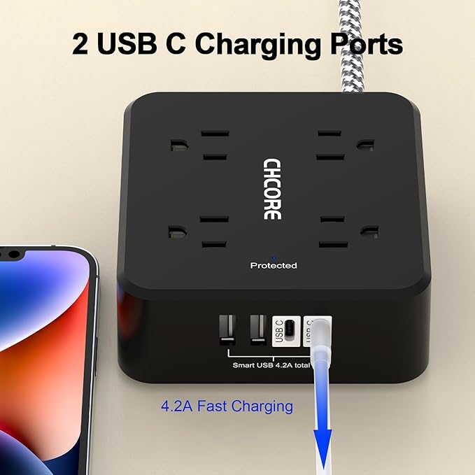 Surge Protector Power Strip - CHCORE 6Ft Braided Extension Cord with 8 Outlets with 4 USB (2 USB C) Charging Ports, Flat Plug Multi Plug Outlet Extender Charging Station for Home Office, ETL, Black