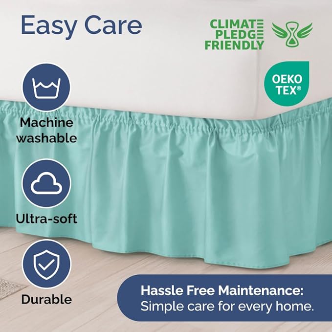 Wrap Around Dust Ruffle Bed Skirt - Spa Blue - for Queen Size Beds with 24 Inch Drop - Elastic Strap - Adjustable Pleated Bedskirt with Brushed Fabric and Wrinkle Free - for Women, Men, Kids & Teens