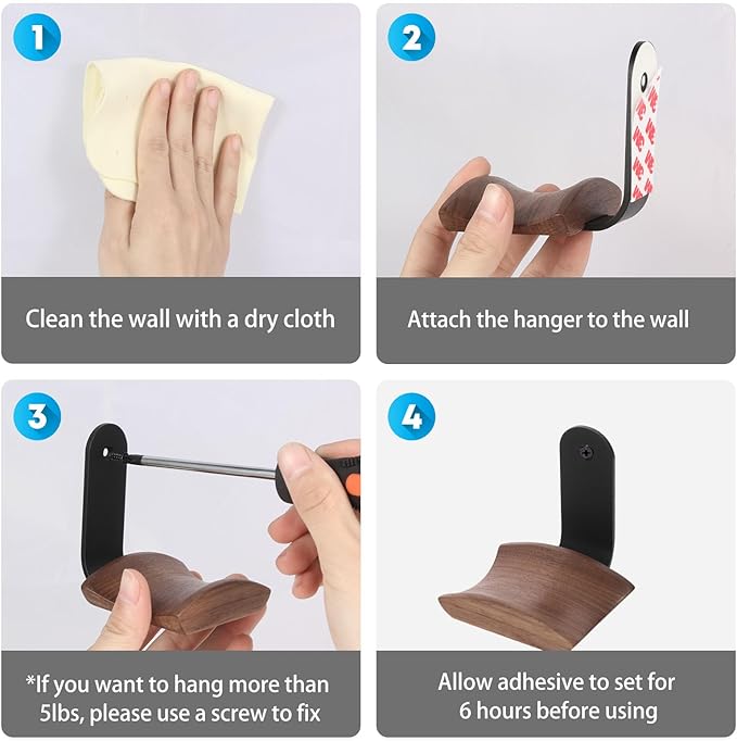 Mt.Jun Beech Wood Headphone Wall Mount Holder, with VHB Adhesive Tape and Screw, Holds 10 lbs (Black & Beech Wood)