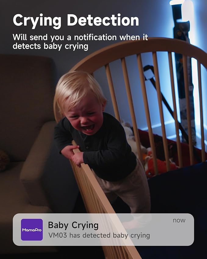 MAMAPRO Baby Monitor with Camera and Audio - 2K Color Night Vision, WiFi Video Baby Monitor - 355° Pan/70°Tilt, AI Motion/Cry/Temp/Humidity Alerts, 2-Way Audio, App for 20 Users, 8 Lullabies