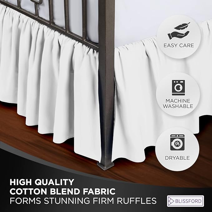 BLISSFORD White Bed Skirt Full Size 18 inch Drop - with Split Corners - Cotton Blend Ruffle Bed Skirt, Dust Ruffle with Platform, White Full Size Bedskirt, Machine Washable