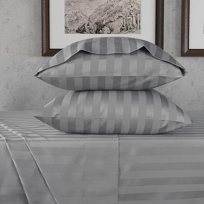 URBANHUT 800 Thread Count 100% Cotton Damask California King Size Sheets Set, 4 Piece Striped Cal King Size Bedsheets, Luxury Hotel Sheets Sateen Weave, 16" Elasticized Deep Pocket- Dark Grey