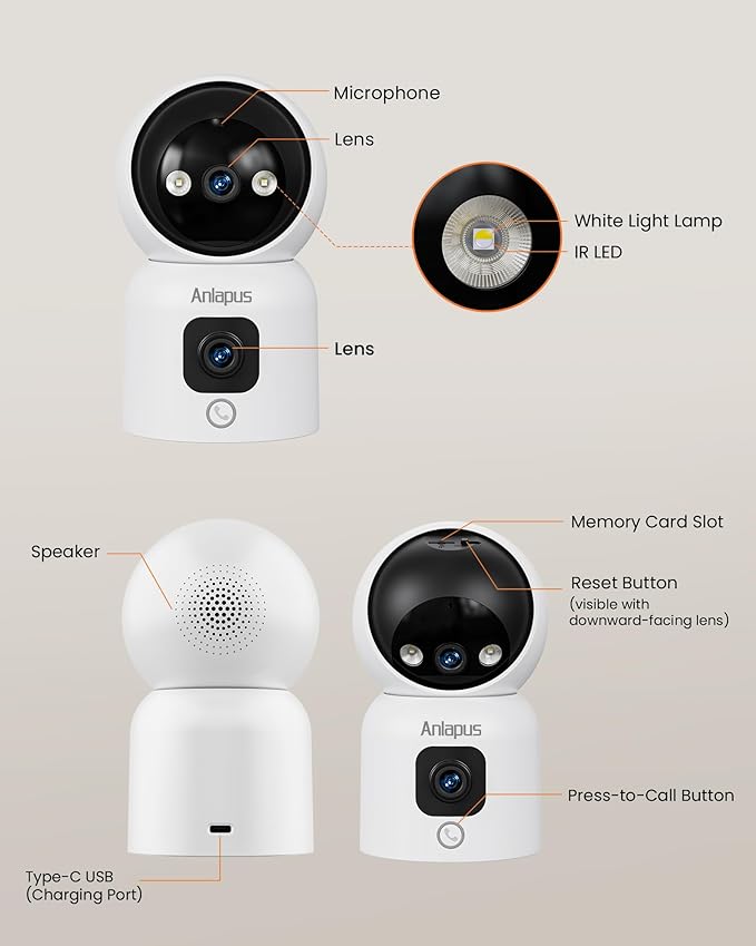 Anlapus 2 x A51D 4MP Dual Lens(2MP+2MP) Indoor Security Camera, Motion Detect, Auto Track, Plug-in, 360° WiFi Pan/Tilt Camera, 2.4GHz WiFi, Two-Way Talk, Light & Siren Alert, Memory Card Not Include