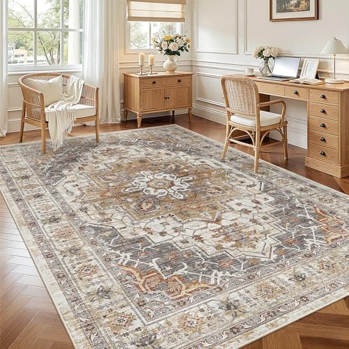 Madane 6x9 Area Rugs for Living Room, Vintage Washable Rug, Turmeric/Grey - Image 4