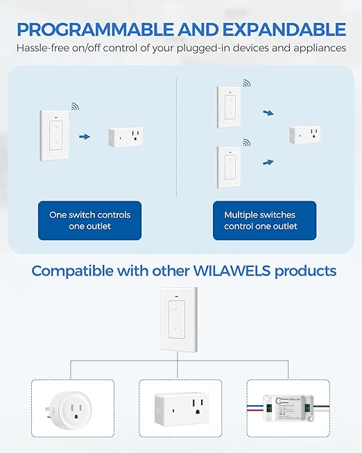 WILAWELS Mini Remote Control Outlet Wireless Light Switch, Programmable and Removable Remote Outlet Switch Kit for Lamps, Fan, Home Appliance, 100ft RF Range, No Wiring, FCC Listed W08RC1106