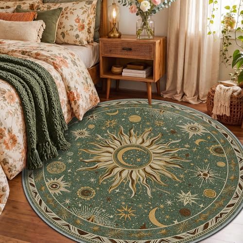 Vacuum-Friendly, Round 4ft Washable Area Rug, Green Brown - Image 2