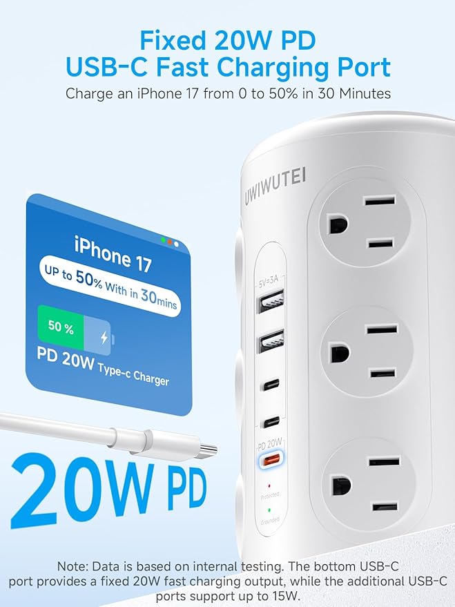 Tower Power Strip with 1 Dedicated PD 20W Fast-Charging Port, 12 Outlets, 5 USB Ports (3 USB-C), 1800J Protector, Desk Charging Station for Multiple Devices,10FT Extension Cord, Home Office Essentials