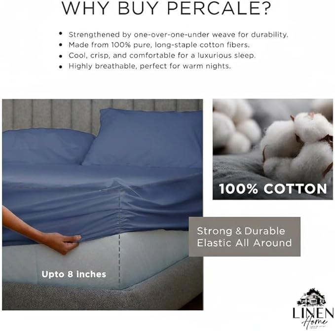 Linen Home 100% Cotton Percale Sheet Set, Full Size, Baby Blue, Deep Pocket, 6 Pieces Set - 1 Flat, 1 Deep Pocket Fitted Sheet and 4 Pillowcases, Crisp Cool and Strong Bed Linen