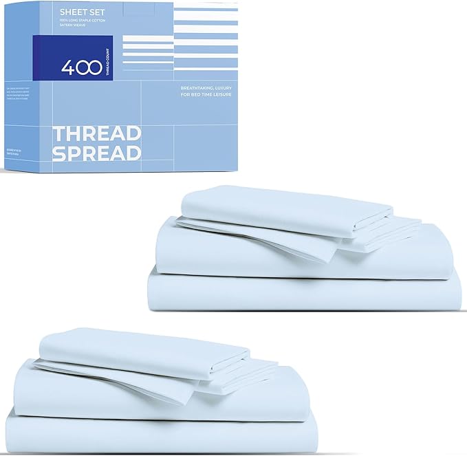 THREAD SPREAD 2-Pack King Size Sheets Set - 400 Thread Count 100% Cotton Sateen Weave - Extra Soft, Breathable, Hotel Quality Cooling Sheets, 2 Sets of King Size Deep Pocket Bed Sheets (Light Blue)