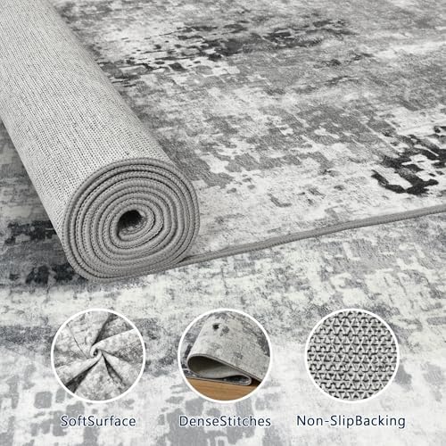 Living Room Rug 9x11 Gray Area Rugs Machine Washable Abstract Boho Large Rug Non-Slip Non-Shedding Faux Wool Indoor Vintage Carpet for Bedroom, Classroom, Dining Room, Kids Playroom - Image 2
