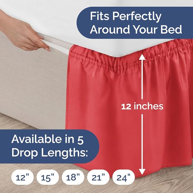 Wrap Around Dust Ruffle Bed Skirt - Red - for King Size Beds with 18 Inch Drop - Easy Fit Elastic Strap - Adjustable Pleated Bedskirt w/Brushed Fabric - Wrinkle Free - for Women, Men, Kids & Teens