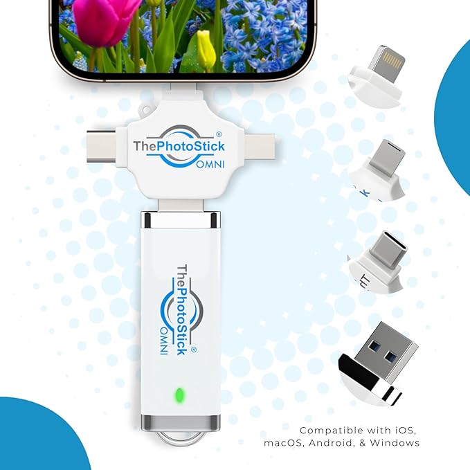 ThePhotoStick® Omni 32GB Memory Stick & USB Flash Drive – Photo & Video Backup for iPhone, Android, Mac & PC – Multiport Connection to Easily Store & Transfer Files