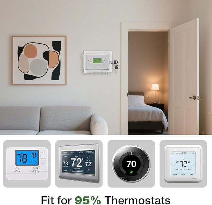 AUURIO Upgraded Thermostat Lock Box with Key, Large Space Thermostat Cover Seamless Anastomosis, Clear Decorative AC Lock Box Cover on Wall Fits Thermostats 4.8" H x 6" W or Smaller