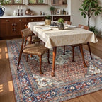 Washable Area Rug 3' x 5 ' Vintage Traditional Persian Mat - Foldable Distressed Non-Slip Machine Washable Carpet for Living Room Bedroom Kitchen Home Decor - Terracotta and Navy - Image 3