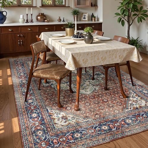 Washable Area Rug 8' x 10' Vintage Traditional Persian Mat - Foldable Distressed Non-Slip Machine Washable Carpet for Living Room Bedroom Kitchen Home Decor - Terracotta and Navy - Image 3