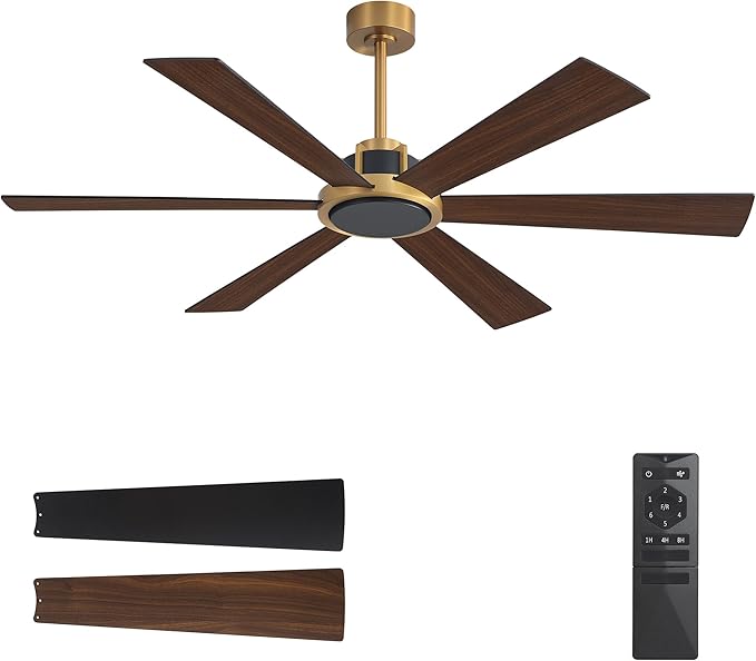 WINGBO 60 Inch Ceiling Fan without Light - 6 Plywood Blades, 6-Speed Reversible DC Motor, Noiseless Remote Control Ceiling Fan No Light for Bedroom Living Room Kitchen, Gold and Walnut/Black