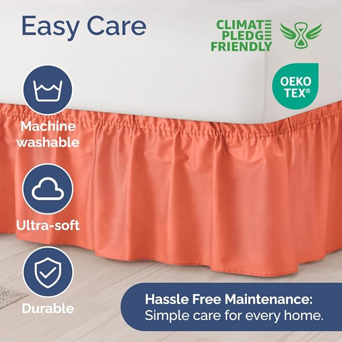 Wrap Around Dust Ruffle Bed Skirt - Coral - for King Size Beds with 18 Inch Drop - Easy Fit Elastic Strap - Adjustable Pleated Bedskirt w/Brushed Fabric - Wrinkle Free - for Women, Men, Kids & Teens