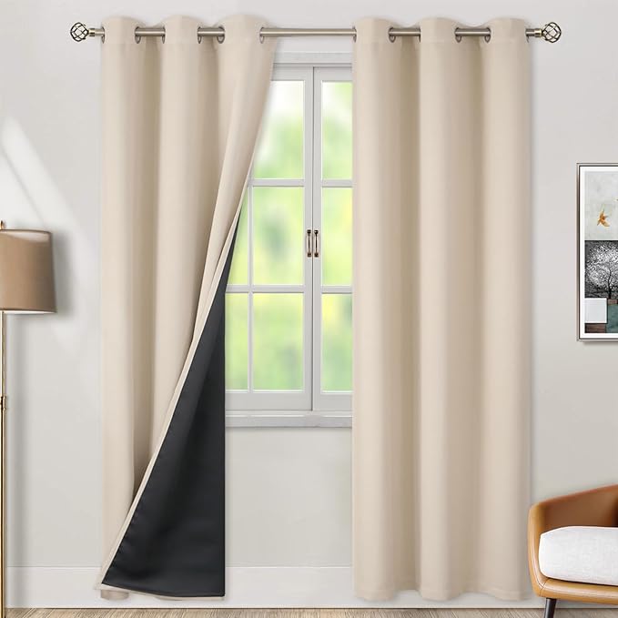 BGment Thermal Insulated 100% Blackout Curtains 84 Inch Length 2 Panels, Total Light Blocking Curtains for Bedroom, Grommet Window Drapes with Thick Black Liner, 42 Inch Wide Each Panel, Champagne