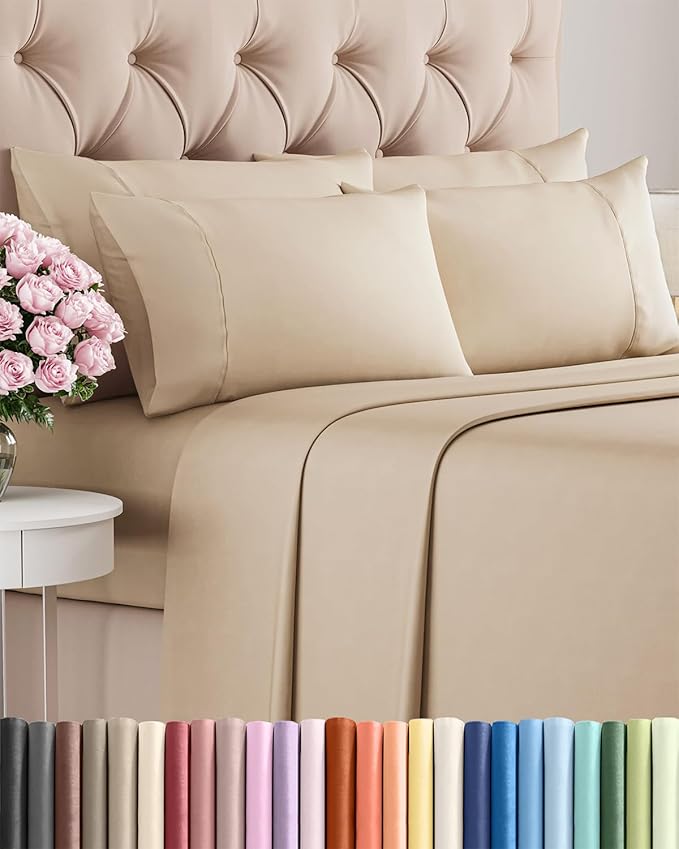 Full 6 Piece Sheet Set - Cooling, Comfy & Breathable - Hotel Luxury Bedding, Includes Fitted Sheet for Women, Men, Kids and Teens - 1 Flat, 1 Fitted Sheet, 4 Pillowcases with Deep Pockets - Cream