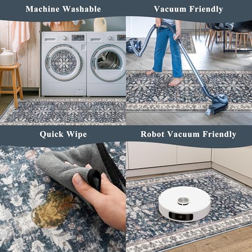 Washable Hallway Runner Rug 2x10: Non Slip Vintage Boho Carpet with Rubber Backing for Kitchen Entryway Hall Holiday Farmhouse Neutral Cream Long Runners (Blue,2'x10') - Image 7