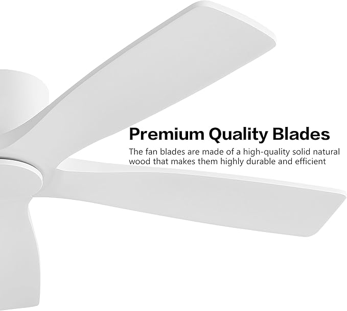 WINGBO 54" Flush Mount DC Ceiling Fans Without Lights, 5 Carved Solid Wood Blades, 6-Speed Reversible DC Motor, Low Profile Hugger Ceiling Fan No Lights for Living Room Bedroom Patio, Gloss White