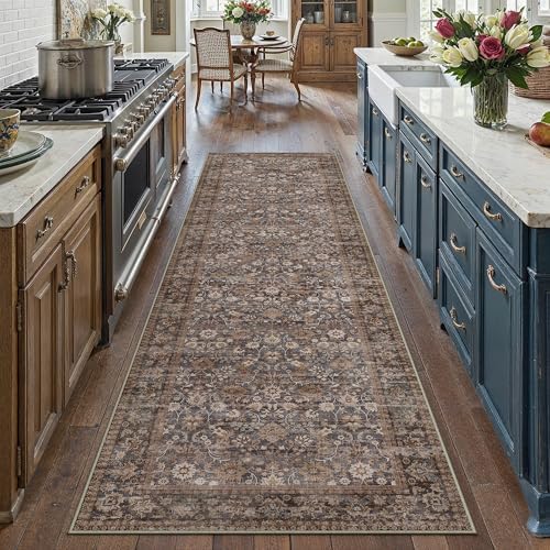 HUGEAR 3x8 Brown Blue Vintage Floral Washable Runner Rug for Hallway by HUGEAR