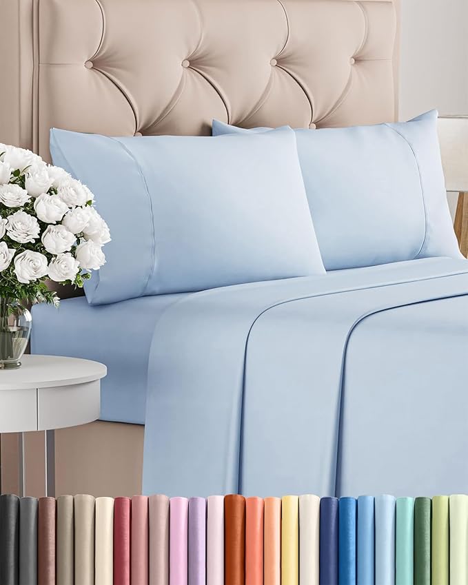 Twin XL 4 Piece Sheet Set - Cooling, Comfy & Breathable - Hotel Luxury Bedding, Includes Fitted Sheet for Women, Men, Kids & Teens - 1 Flat, 1 Fitted Sheet, 2 Pillowcases with Deep Pockets - Sky Blue