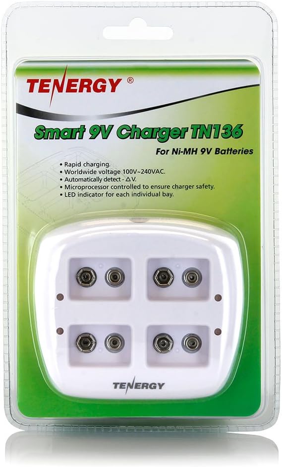 Tenergy TN136 Smart 9V 4-Bay Battery Charger for Rechargeable NiMH 9 Volt Batteries