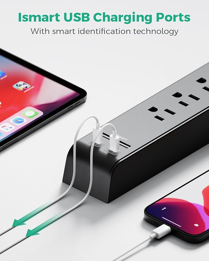 25FT Surge Protector Power Strip - 2 Pack Extension Cord with 6 Outlets 4 USB Ports, Flat Plug, 900 Joules, 15A Circuit Breaker, Wall Mount for Home Office, Dorm Essentials
