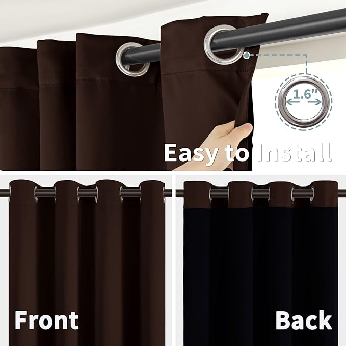 BGment Thermal Insulated 100% Blackout Curtains for Bedroom with Black Liner, Double Layer Full Room Darkening Noise Reducing Grommet Curtain (52 x 90 Inch, Brown, 2 Panels)