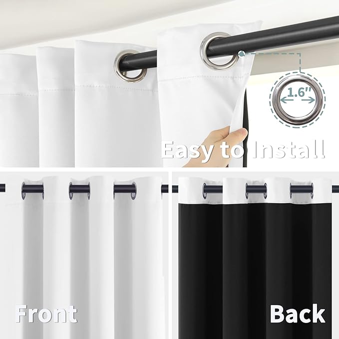 BGment Thermal Insulated 100% Blackout Curtains for Bedroom with Black Liner, Double Layer Full Room Darkening Noise Reducing Grommet Curtain (60 x 63 Inch, White, 2 Panels)