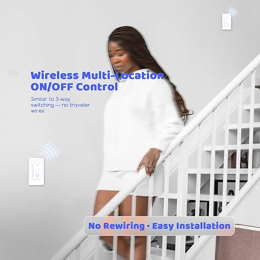Wireless Light Switch and Receiver Kit (2V1), Self-Powered (No Battery Required), No WiFi Needed, Remote Control Lighting Switch for Indoor and Outdoor Light Fixtures