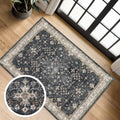 Black Washable 2x3 Entry Rug, Small Rugs for Entryway Kitchen Bathroom Door Mat Indoor Entrance, Non Slip Rubber Backing, Stain & Fade Resistant, Ashen Charcoal Floral Farmhouse Decor by HazoHaus