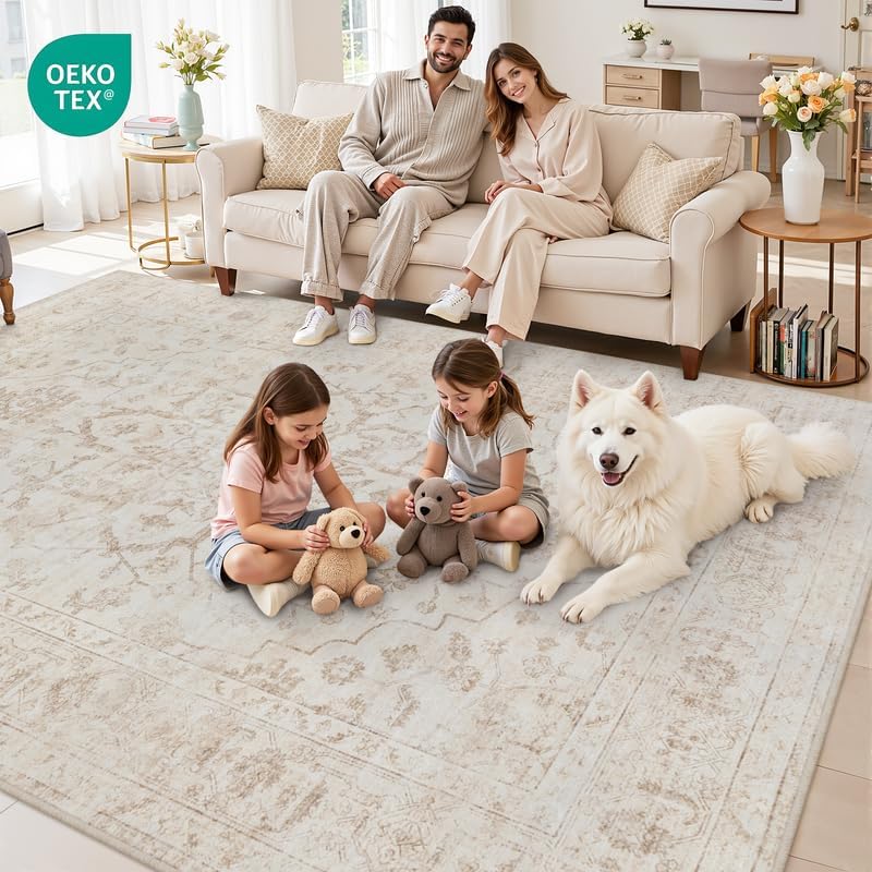 Area Rugs 9x12 Living Room: Bedroom Washable Carpet Warm Beige - Image 7