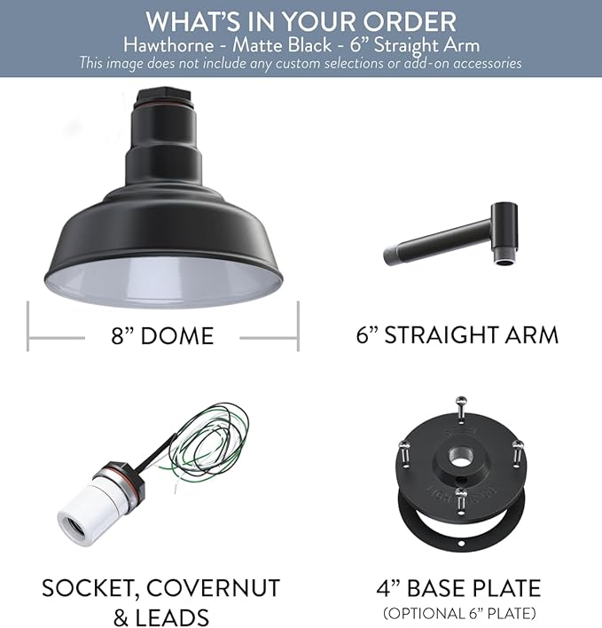 Steel Lighting Co. Hawthorne Barn Light | Outdoor Wall Mounted | 8 inch Dome | 6 inch Straight Arm| Small Farmhouse Light Made in America | Matte Black Exterior/White Interior