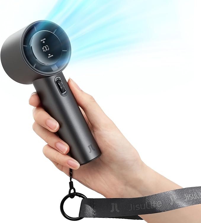 JISULIFE Handheld Fan Pro - Extreme Cooling Output: 1-100 Speed Scroll Wheel, Metal Body, Digital Display, 1.5H Fast Charge, 5000mAh-Portable Fan for Travel, Valentines Day Gifts for Her Him(Grey)