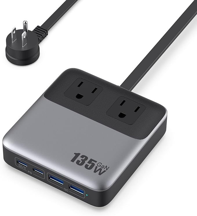 135W Charging Station USB C Power Strip,6-in-1 GaN USB C Charger Block with Plug &5ft Cord,2 AC,2 USB-A,2 USB-C,PD 65W Laptop Charger for MacBook,iPhone 16/15/14,Desktop Fast Charging for Home,Office