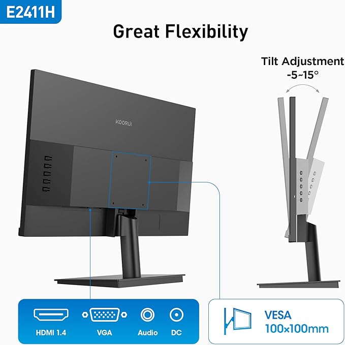 KOORUI 24-inch 120Hz Gaming Monitor IPS FHD (1920 x 1080P) sRGB 99% Support Freesync Computer Monitors VESA Mount HDMI & VGA Ports E2411H