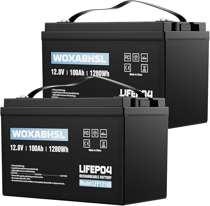 WOXABHSL 2PCS 12V 100Ah LiFePO4 Lithium Battery, Built-in 100A BMS, 15000+ Deep Cycles, Max 1280W Power Output, FCC&UL Certificates, Perfect for RV, Solar, Marine, Off-Grid